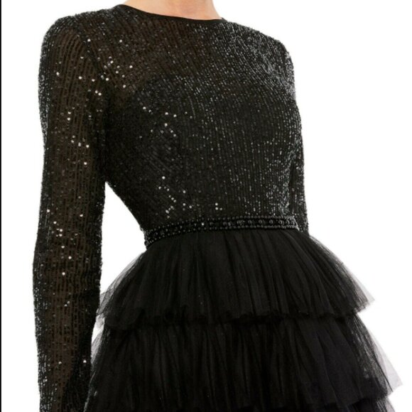 MAC DUGGAL 26299 SEQUIN BODICE LONG SLEEVE RUFFLE TIERED BLACK MIDI DRESS sz 14 - Picture 5 of 6